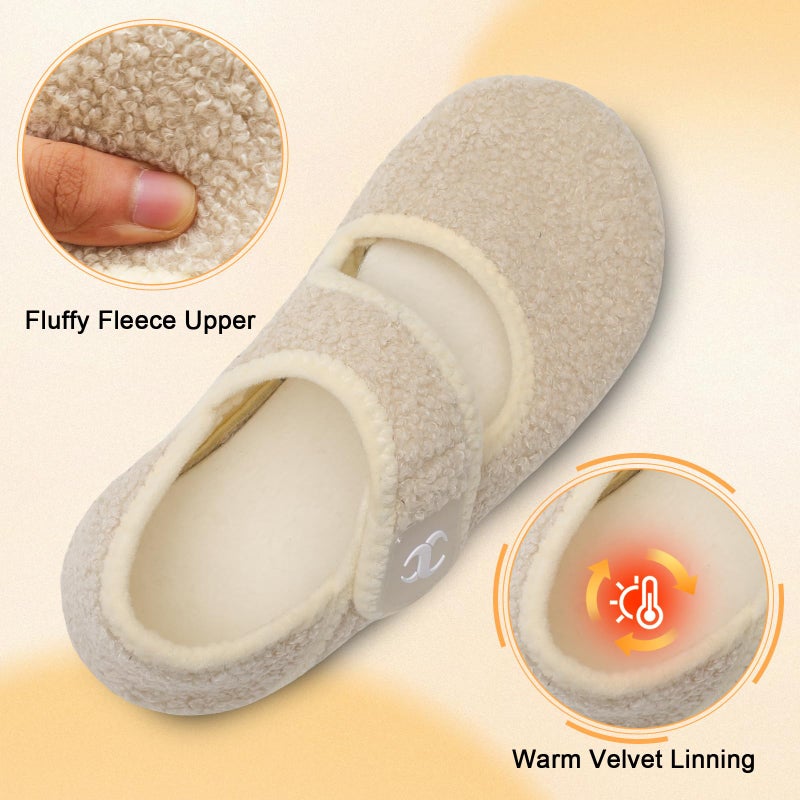 Scurtain Comfy Furry Bedroom Slippers for Women Men Wide Diabetic Barefoot Sock Shoes Slip On Warm Spa Slippers Strap Plush House Slippers Flats Beige Size 8-9 Women/6.5-7.5 Men - Image 3