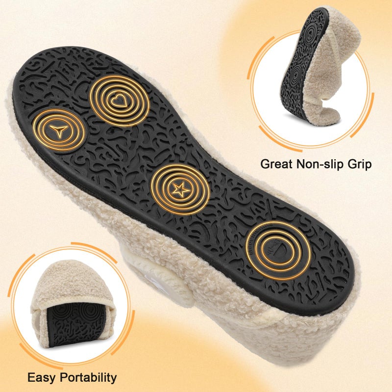 Scurtain Comfy Furry Bedroom Slippers for Women Men Wide Diabetic Barefoot Sock Shoes Slip On Warm Spa Slippers Strap Plush House Slippers Flats Beige Size 8-9 Women/6.5-7.5 Men - Image 5
