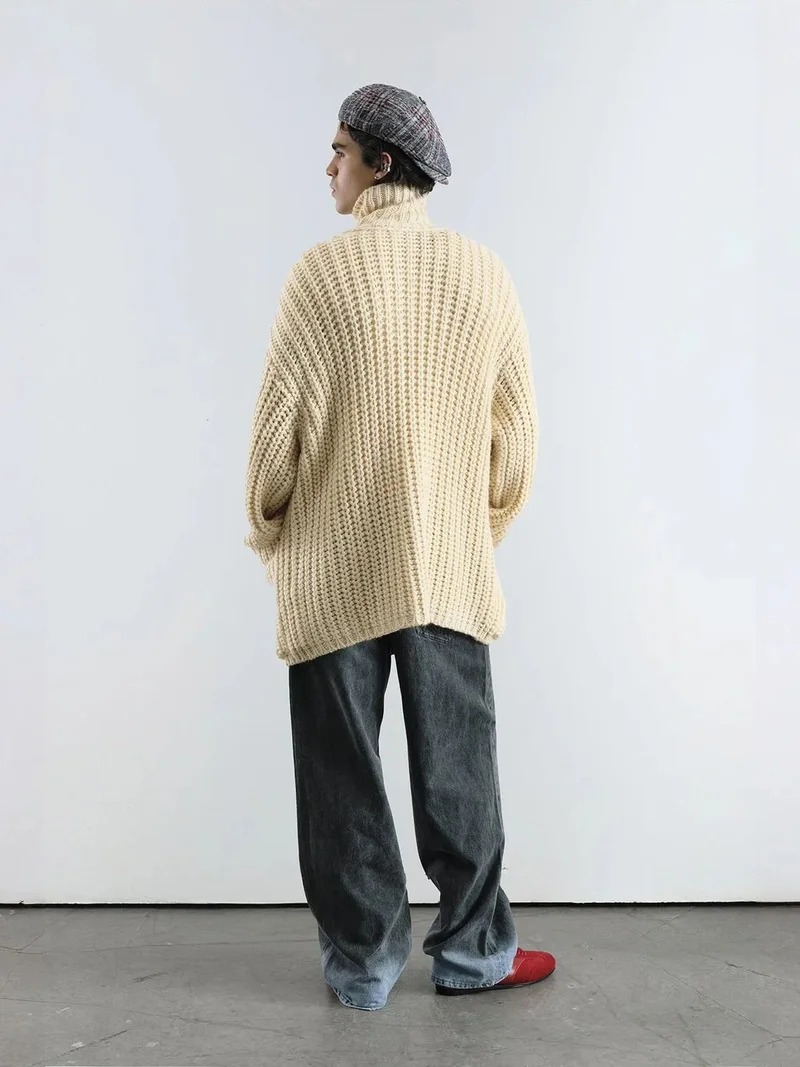 Giesto Ivory Natural GIESTO Oversized Ribbed Turtleneck Sweater with Button Closure for Men | Best Price UAE