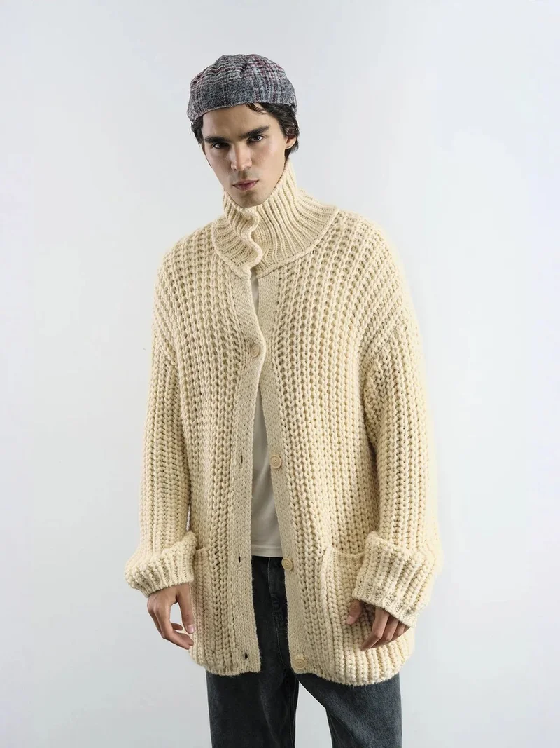Giesto Ivory Natural GIESTO Oversized Ribbed Turtleneck Sweater with Button Closure for Men | Best Price UAE