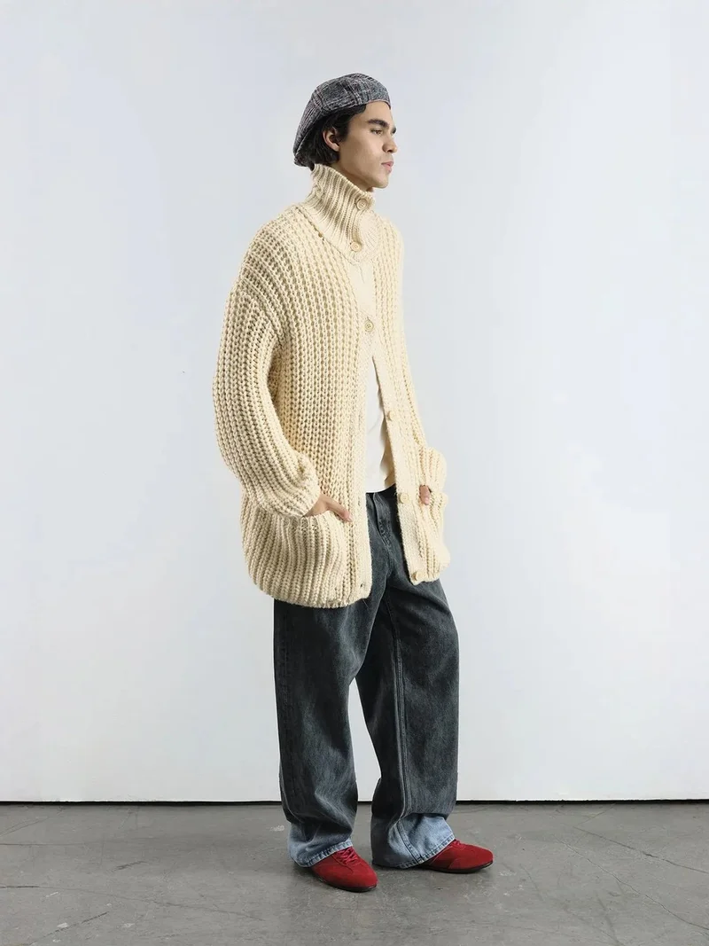 جيستو GIESTO Oversized Ribbed Turtleneck Sweater with Button Closure