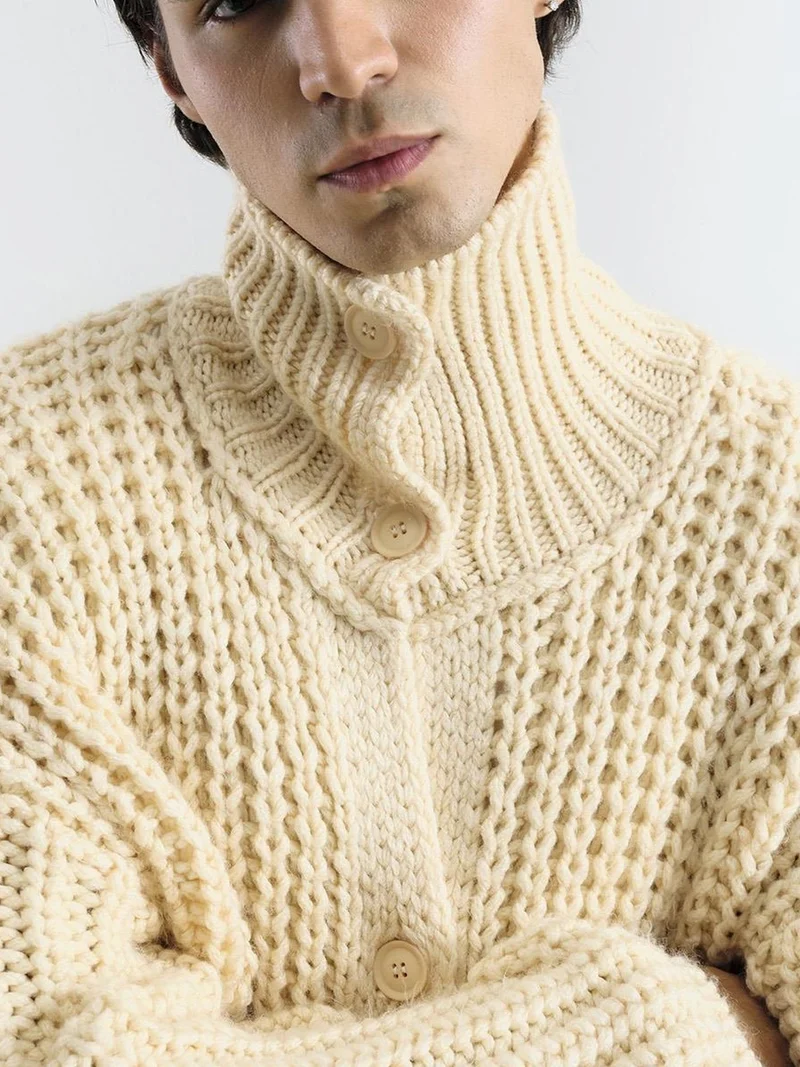 جيستو GIESTO Oversized Ribbed Turtleneck Sweater with Button Closure