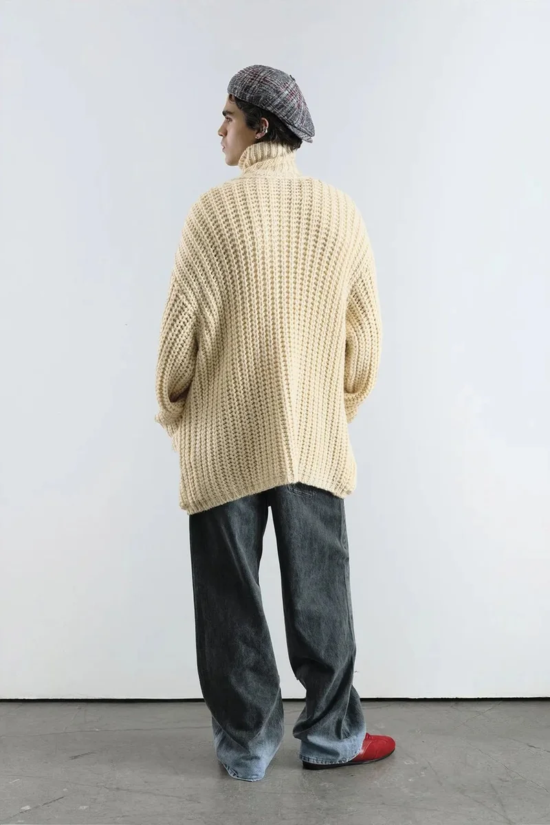 Giesto Ivory Natural GIESTO Oversized Ribbed Turtleneck Sweater with Button Closure for Men | Best Price UAE