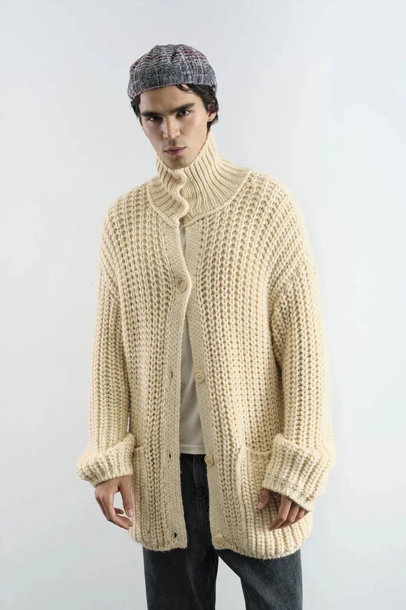 Giesto Ivory Natural GIESTO Oversized Ribbed Turtleneck Sweater with Button Closure for Men | Best Price UAE