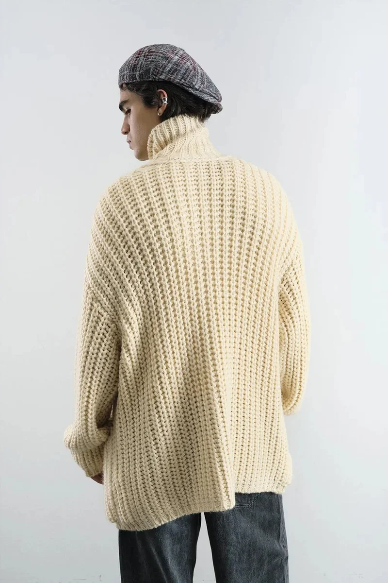 Giesto Ivory Natural GIESTO Oversized Ribbed Turtleneck Sweater with Button Closure for Men | Best Price UAE