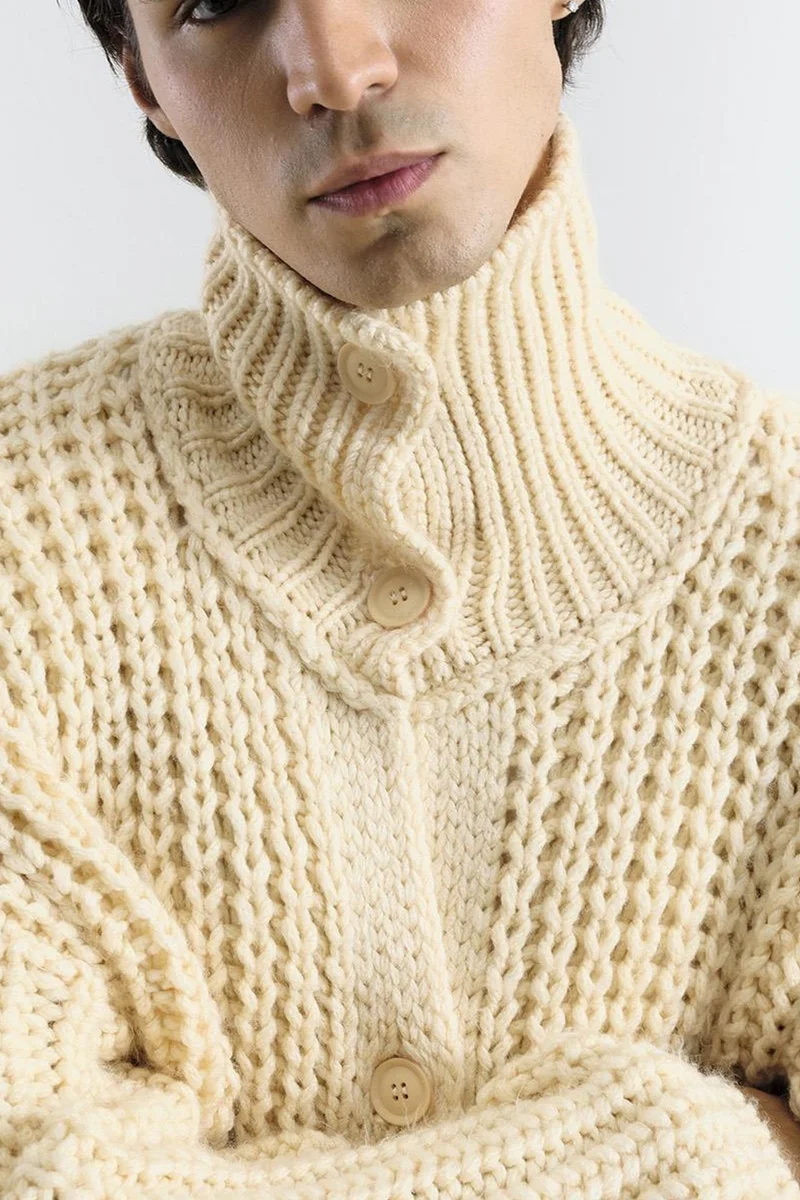 Giesto Ivory Natural GIESTO Oversized Ribbed Turtleneck Sweater with Button Closure for Men | Best Price UAE