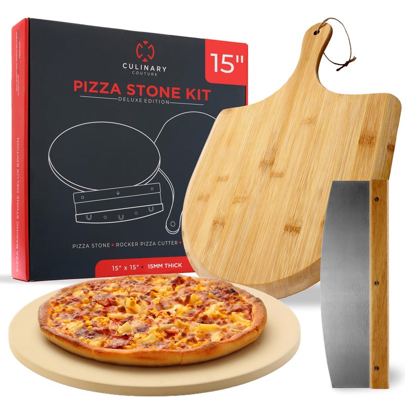 Culinary Couture 3PCS Round Pizza Stone for Oven Set 15 Comes with Pizza Peel for Oven and Cutter Cordierite Stones for Bread Calzone Cookies