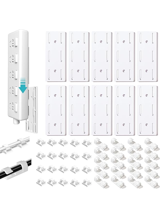 PROMASS Adhesive Punch-Free Socket Holder, 10Pcs Power Stirp Holder and 40Pcs Cable Clips Kit, Self-Adhesive Power Strip Holder Wall Mount-Space-Saving and Easy to Instal lfor WiFi Router for Kitchen Home - Image 1