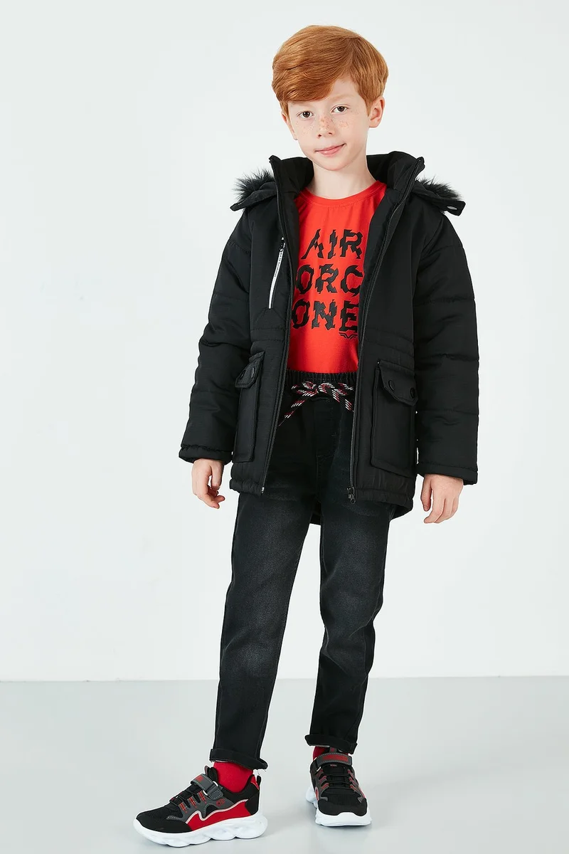 ليلا Side Faux Fur Plush Lined Hooded Coat Boy's COAT 6036062