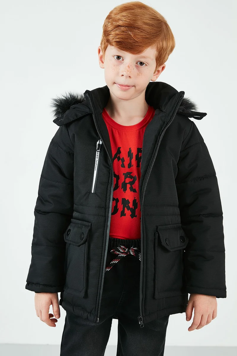 ليلا Side Faux Fur Plush Lined Hooded Coat Boy's COAT 6036062