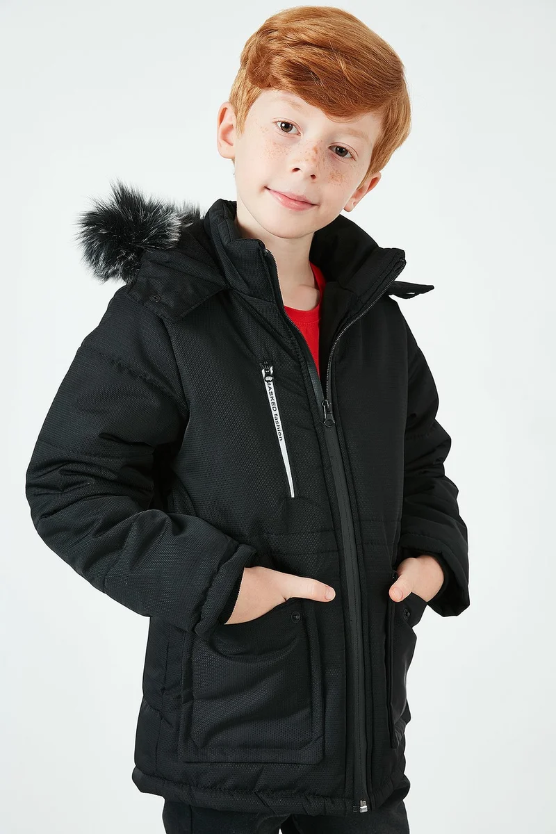 ليلا Side Faux Fur Plush Lined Hooded Coat Boy's COAT 6036062