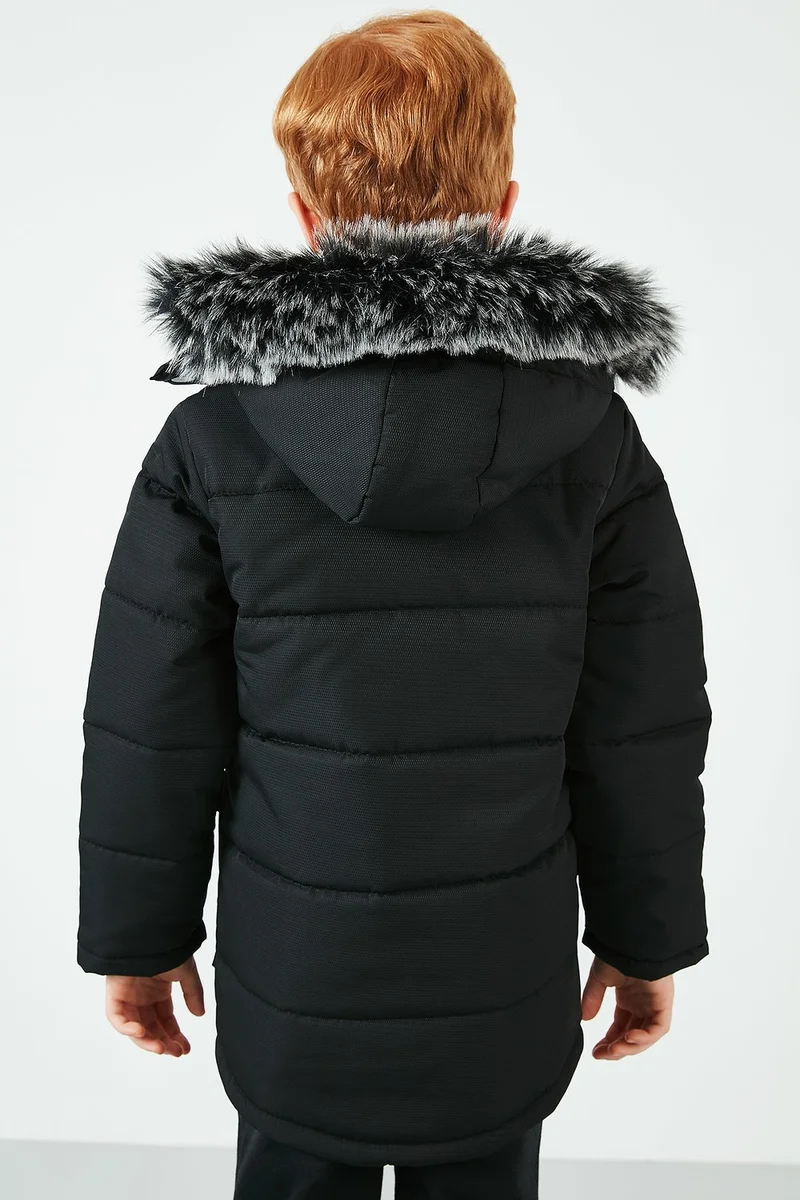 ليلا Side Faux Fur Plush Lined Hooded Coat Boy's COAT 6036062