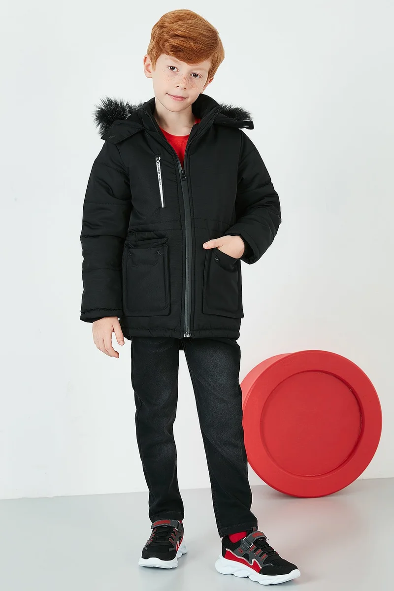 ليلا Side Faux Fur Plush Lined Hooded Coat Boy's COAT 6036062