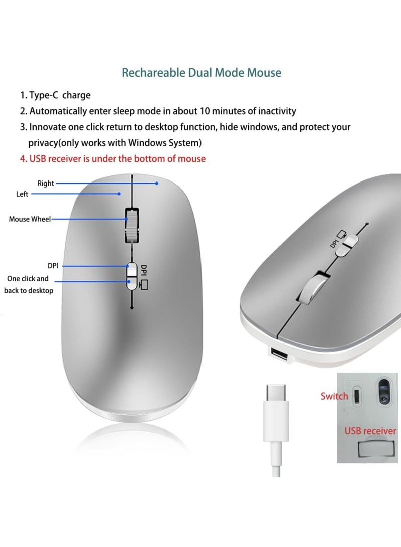 Dual-Mode(Bluetooth+2.4G) Bluetooth Keyboard and Mouse for iPad Mac, Rechargeable Multi-Device Wireless Keyboard Mouse Combo for MacOS iOS/Windows Laptop Surface/Android Tablet Phones(Silver) - Image 5