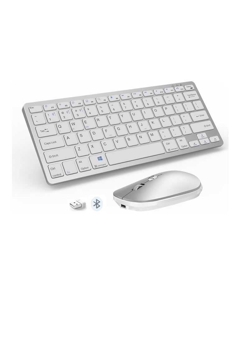 Dual-Mode(Bluetooth+2.4G) Bluetooth Keyboard and Mouse for iPad Mac, Rechargeable Multi-Device Wireless Keyboard Mouse Combo for MacOS iOS/Windows Laptop Surface/Android Tablet Phones(Silver) - Image 1