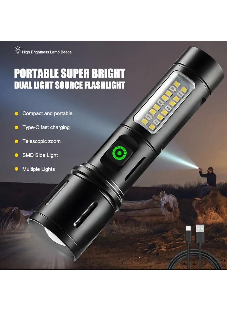 Crobat Crobat Aluminum Alloy Rechargeable Tactical Flashlight High Power Outdoor Torch Light with COB Side Light Warning Modes Compact Portable 2000mAh Battery Zoom Function 6 Light Modes  - Image 5