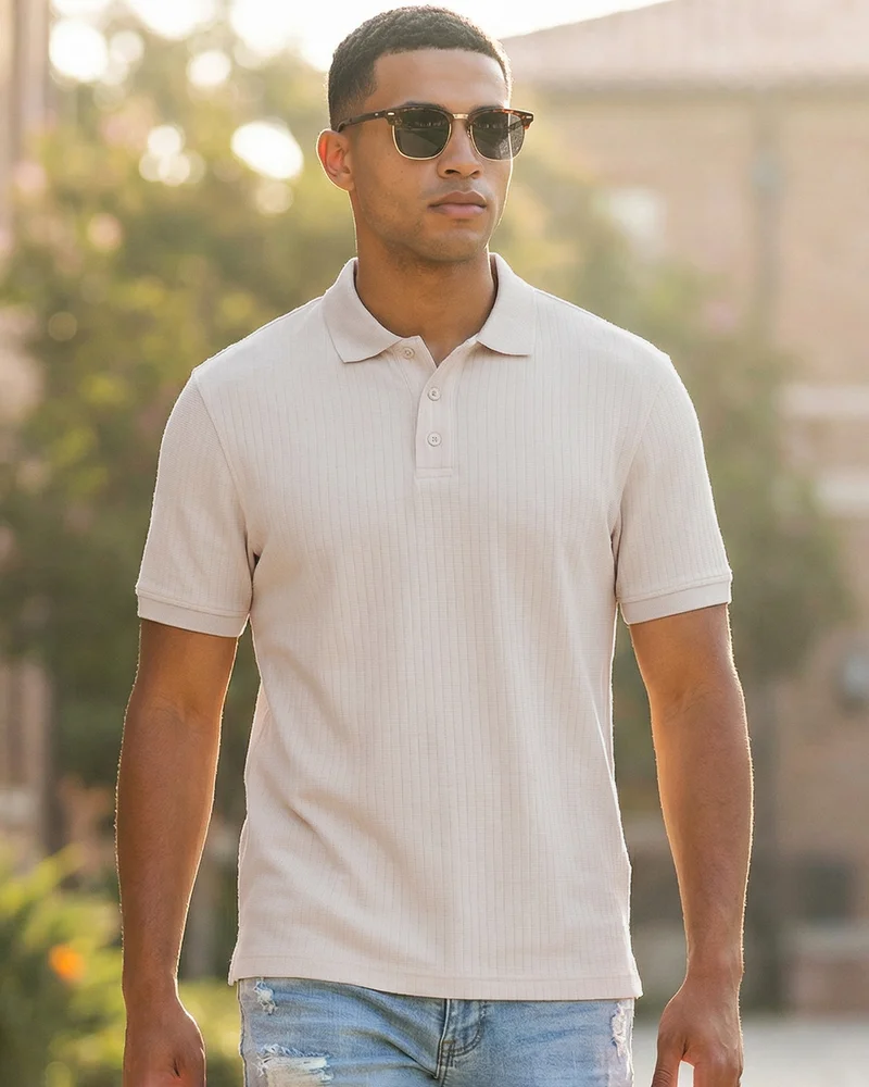 بيواكوف Men's Off White Textured Polo T-shirt