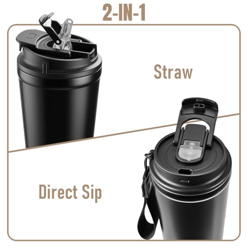 Ratrabas Insulated Travel Coffee Mug, 13oz Leakproof Coffee Tumblers With Strap & 2-In-1 Lids, Vacuum-Insulated Stainless Steel Reusable Coffee Cup For Hot & Cold Drinks(Black) - Image 3
