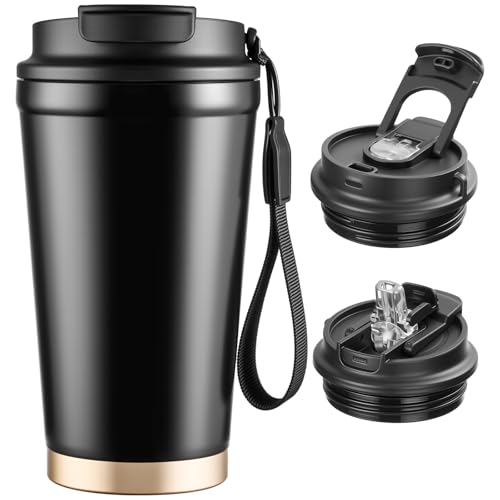 Ratrabas Insulated Travel Coffee Mug, 13oz Leakproof Coffee Tumblers With Strap & 2-In-1 Lids, Vacuum-Insulated Stainless Steel Reusable Coffee Cup For Hot & Cold Drinks(Black) - Image 1