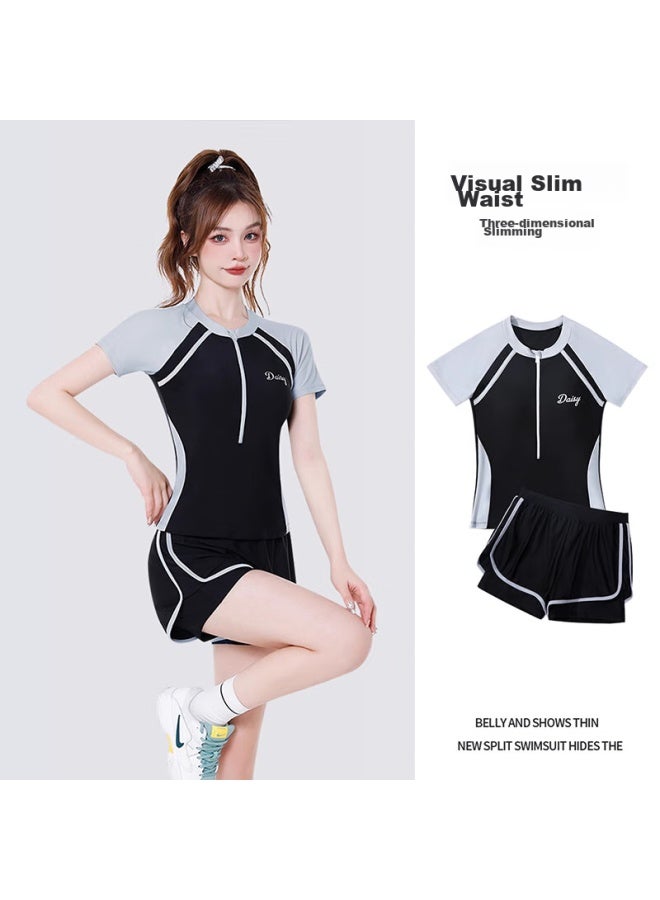 F.dyraa Women's High-end Two-piece Swimsuit, Short-sleeved, Conservative, Slimming, For Hot Springs And Swimming Pools, Four-piece Set, 12034 Black And Pink, Size L - Image 2