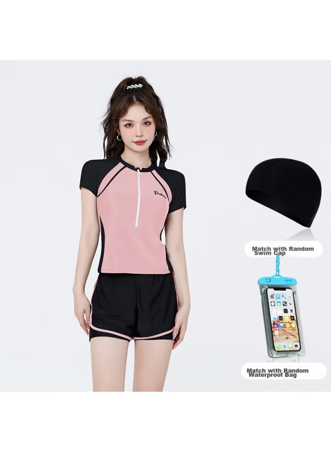 F.dyraa Women's High-end Two-piece Swimsuit, Short-sleeved, Conservative, Slimming, For Hot Springs And Swimming Pools, Four-piece Set, 12034 Black And Pink, Size L - Image 1