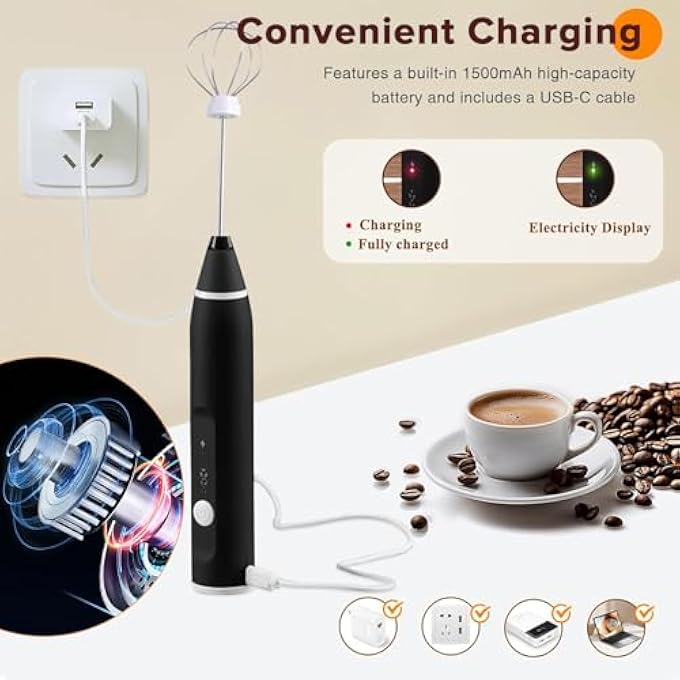 ياكيتر خلاط مشروبات محمول فائق السرعة مزود بثلاث خفاقات من الفولاذ المقاوم للصدأ، خلاط مشروبات محمول قابل لإعادة الشحن مزود بثلاث سرعات قابلة للتعديل، خلاط خفق كهربائي للقهوة والفرابيه والحليب والماتشا - Image 5