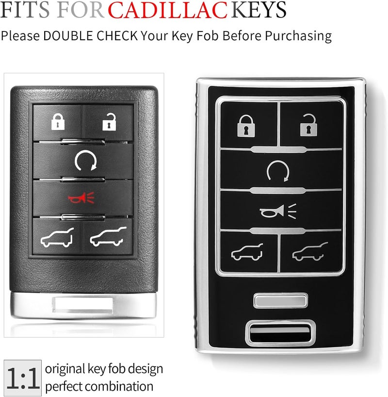 OFFCURVE Key Fob Cover for Cadillac, Soft TPU Car Key Case Protector for Cadillac SRX ATS ELR XTS 2010 2011 2012 2013 2014 2015 Keyless Entry Remote Control Start Car Key Accessories, Silver Black - Image 2