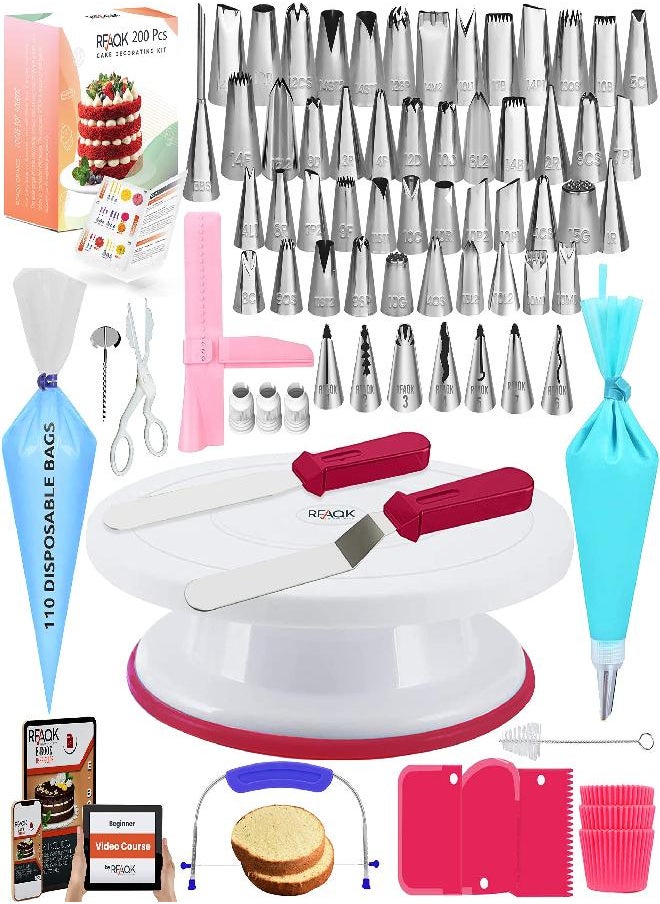 RFAQK - Gift For Women-Cake Decorating Supplies Kit for Beginners RFAQK 200PCs -Cake Turntable with 48 Numbered Piping &7 Korean Tips(Pattern chart included)-Straight & Offset Spatula-Leveler &Baking tools - Image 1