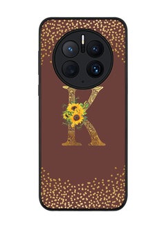 Rugged Black edge case for Huawei Mate 50 Pro Slim fit Soft Case Flexible Rubber Edges Anti Drop TPU Gel Thin Cover - Custom Monogram Initial Letter Floral Pattern Alphabet - K (Brown )