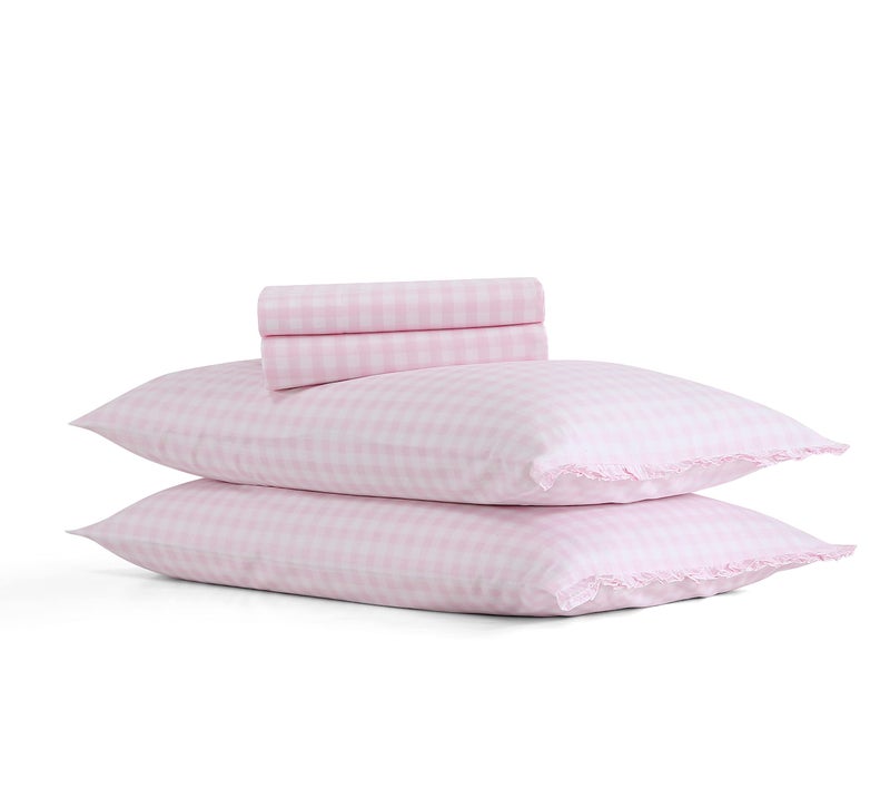 Shabby Chic® - King Sheets, Soft & Breathable Organic Cotton Bedding Set, Classic Style Home Decor with Ruffled Pillowcases (Gingham Pink, King) - Image 3