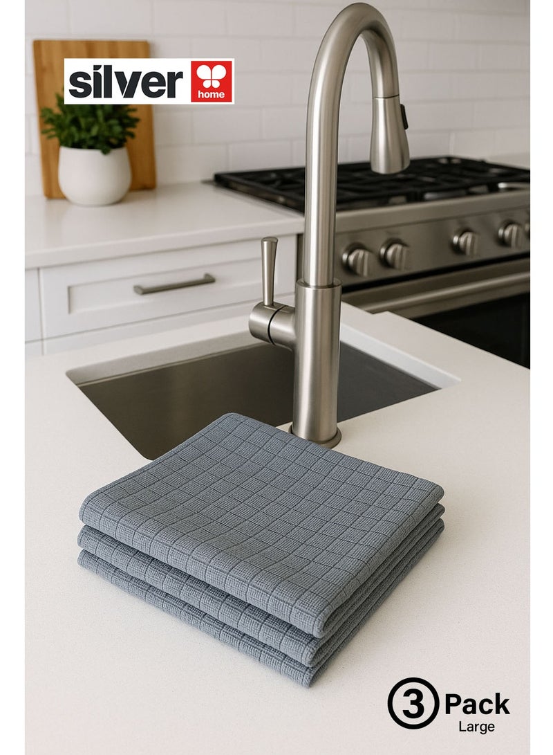 Silver Home Professional Squared Weave Microfiber Kitchen Cloths | Large 40x40 cm, 320 GSM | Lint-Free, Streak-Free | Extra-thick, Tight-knit Fibers | Reusable 3 Pack  - Image 1