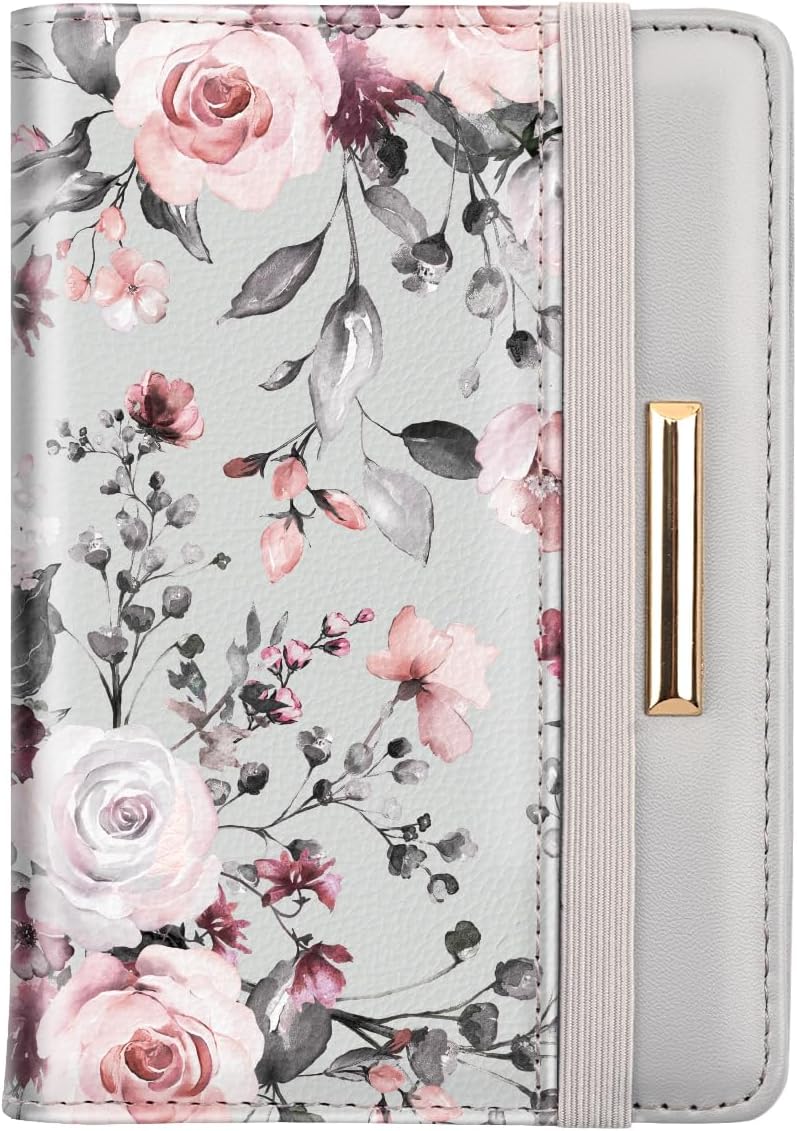 Coco Rossi Daily life matching design Passport Holder Cover Travel RFID Blocking Passport Cover Rose Gold Cute Flowers Passport Wallet with Elastic Band for Women, Grey Flowers, Casual Global trendy simple build - Image 1