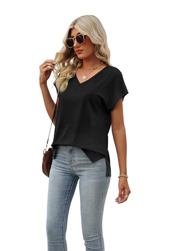 SAMPEEL Black Tops for Women Short Sleeve Summer Cute Tops Sleeveless Tank Tops V Neck Loose Fit Shirts Black L - Image 3