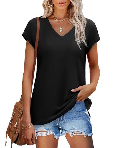 SAMPEEL Black Tops for Women Short Sleeve Summer Cute Tops Sleeveless Tank Tops V Neck Loose Fit Shirts Black L - Image 5