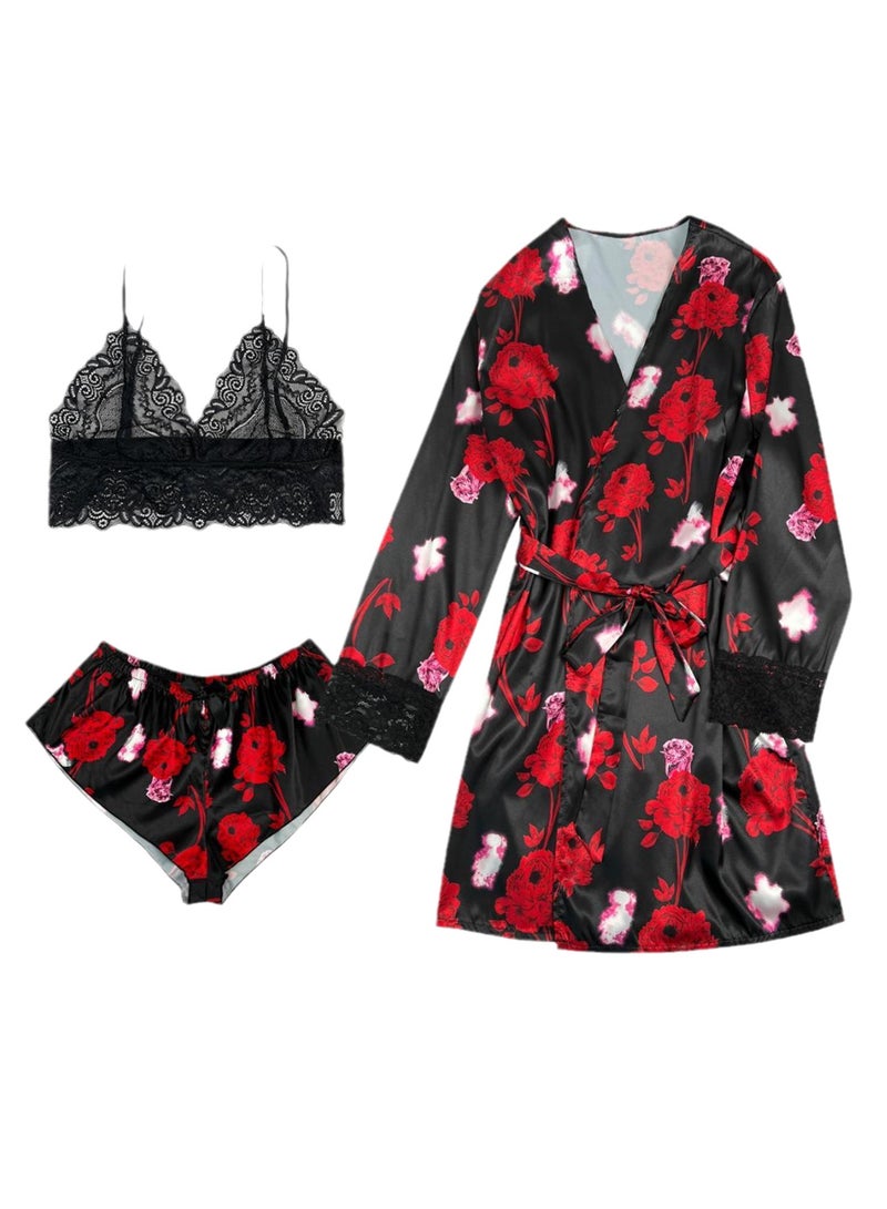 3pcs women's pajamas lace cardigan pajamas set - Image 1
