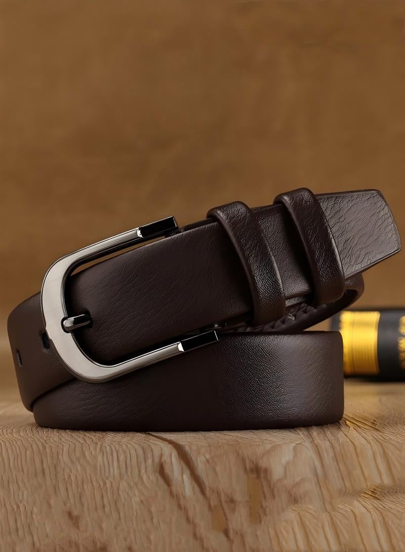 Men's Faux Leather Pin Belt with Metal Buckle, Adjustable Waist Belt for Business Casual，Leather Dress Belts for Men, Men's Casual Jeans Belts, Classic Work Business Dress Belt,stainless Steel Buckle Top Layer Genuine Leather Belt，vintage Casual Jeans Work Business Belt Brown - Image 2