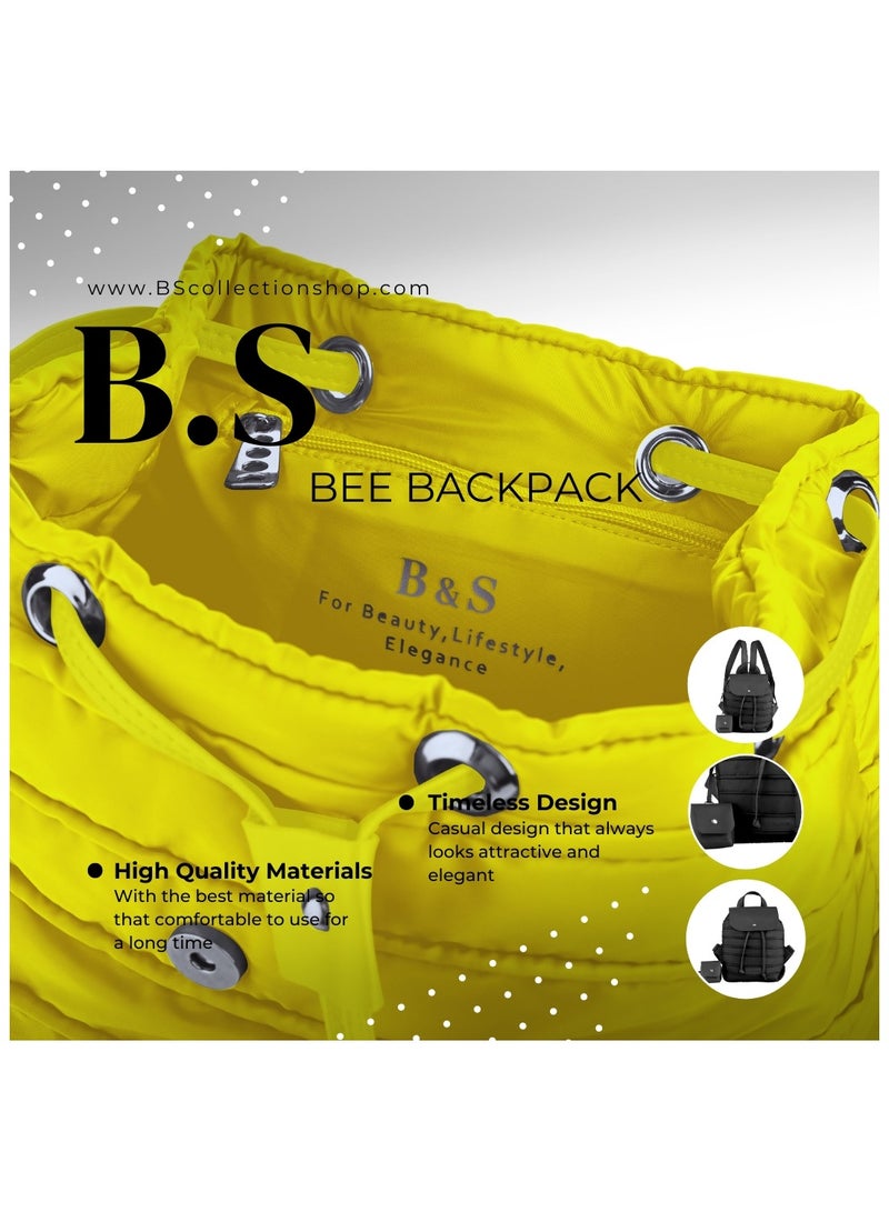 B.S COLLECTION Women's Backpack in Soft Fabric Waterproof Quilted Design Yellow BEE BACKPACK  - Image 4
