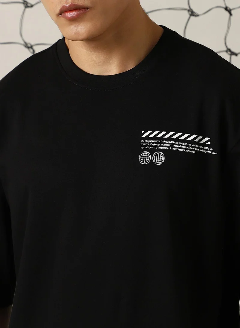 Hubberholme Men's Black 100% Cotton Printed Oversized T-Shirt