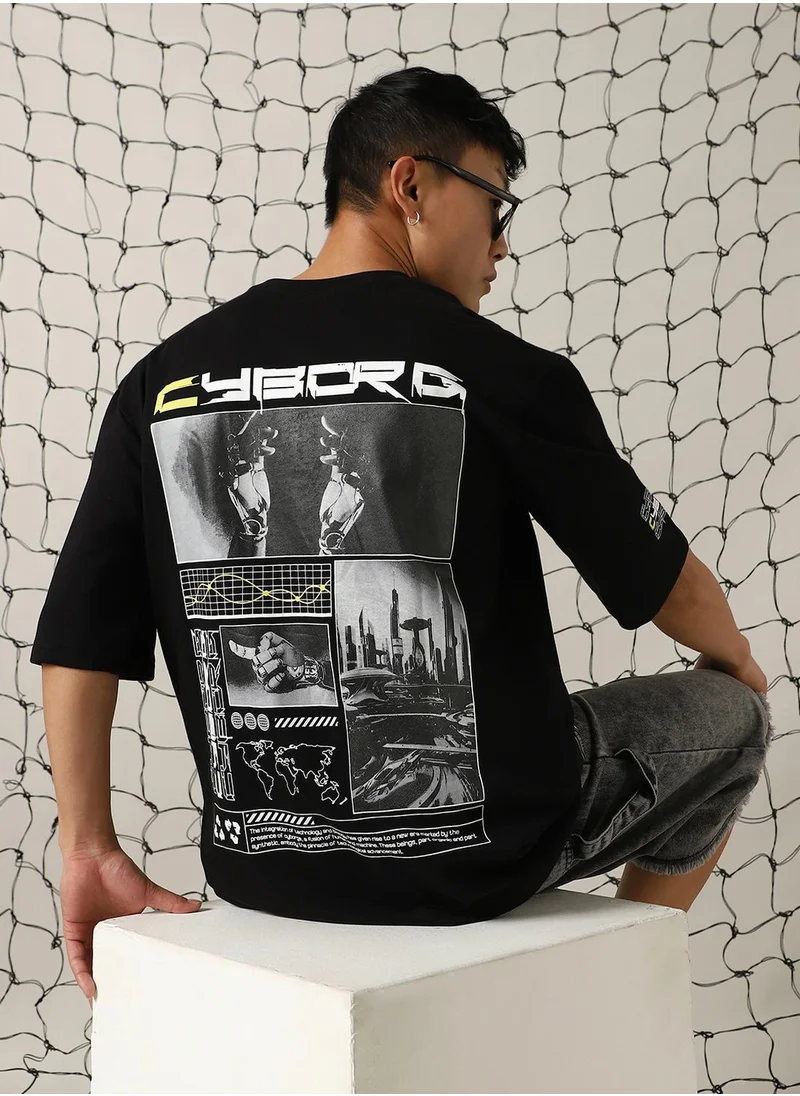 Hubberholme Men's Black 100% Cotton Printed Oversized T-Shirt