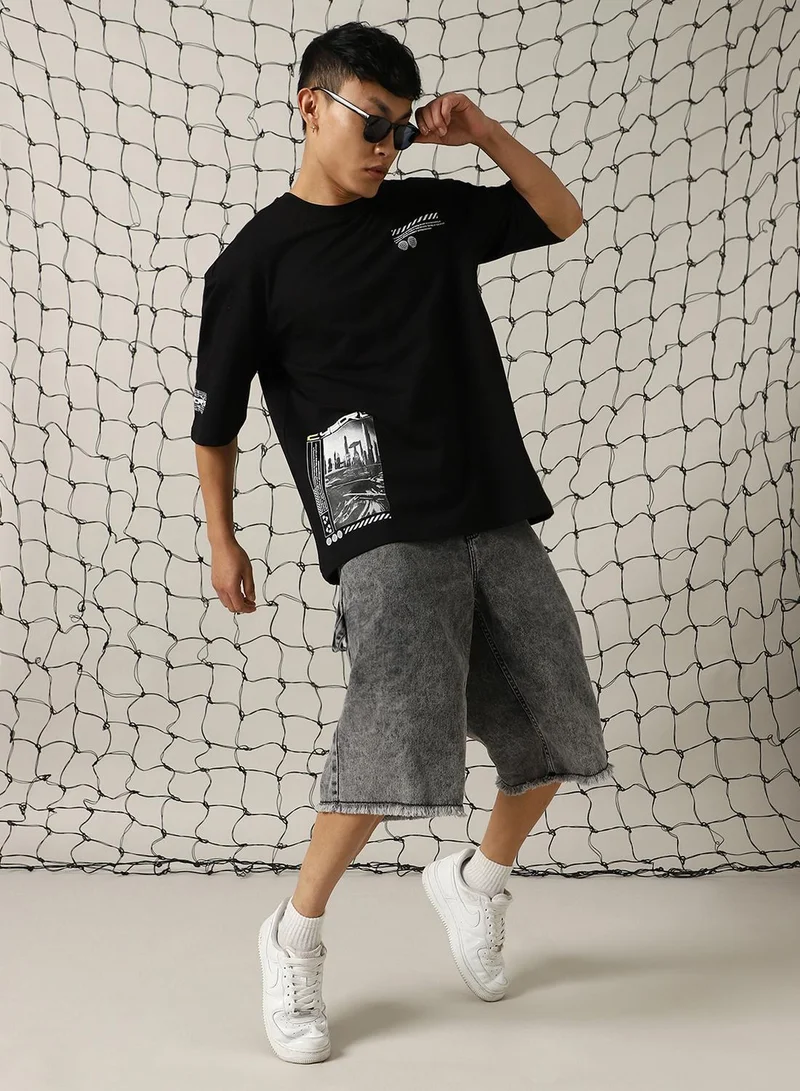 Hubberholme Men's Black 100% Cotton Printed Oversized T-Shirt