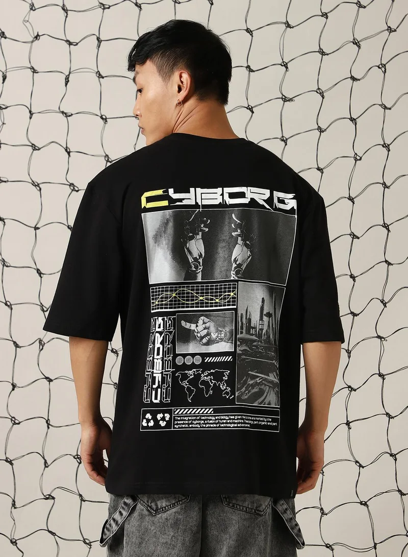 Hubberholme Men's Black 100% Cotton Printed Oversized T-Shirt