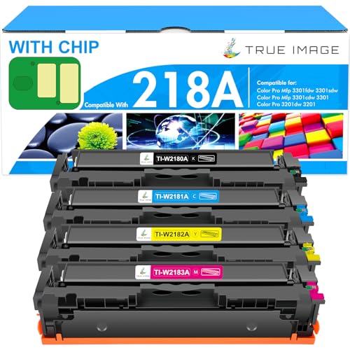 TRUE IMAGE 218A Toner Cartridges 4 Pack 218 3201dw 3301fdw 3301 Compatible Replacement for HP 218A 218X Color LaserJet Pro 3301sdw 3201dw MFP 3301cdw Printer Ink Set with Chip High Yield W2180A (B/C/Y/M) - Image 1