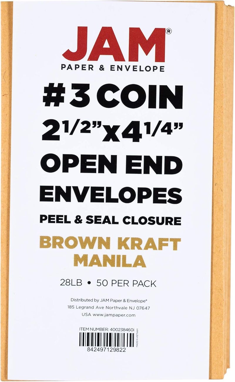 JAM Paper #3 Coin Business Commercial Envelopes with Peel and Seal Closure - 2 1/2 x 4 1/4 - Brown Kraft Manila - 50/Pack - Image 2