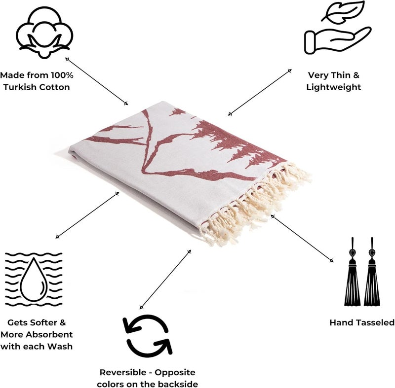 InfuseZen Turkish Towel with Mountain Landscape  100 Organic Turkish Cotton  Sand Free Quick Dry Beach Peshtemal  Thin Reversible Absorbent Pool Hammam  Plus Size Gym Travel Fouta Burgundy - Image 2