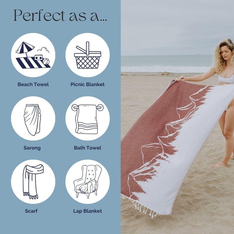InfuseZen Turkish Towel with Mountain Landscape  100 Organic Turkish Cotton  Sand Free Quick Dry Beach Peshtemal  Thin Reversible Absorbent Pool Hammam  Plus Size Gym Travel Fouta Burgundy - Image 5