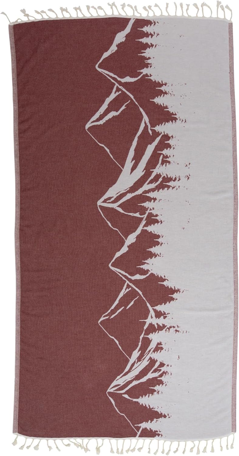 InfuseZen Turkish Towel with Mountain Landscape  100 Organic Turkish Cotton  Sand Free Quick Dry Beach Peshtemal  Thin Reversible Absorbent Pool Hammam  Plus Size Gym Travel Fouta Burgundy - Image 1