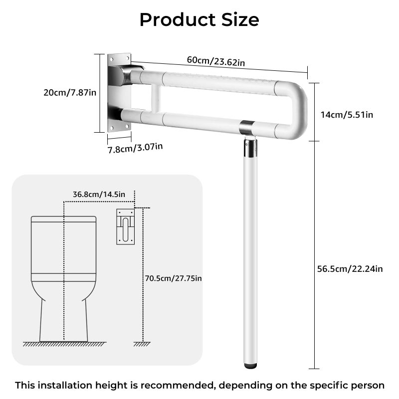 Modunful Upgraded Handicap Grab Bar for Bathroom, Flip Up Toilet Hand Rail for Elderly, Disabled, Pregnant, 23.6 Inch, White, Textured Finish, Stainless Steel - Image 3