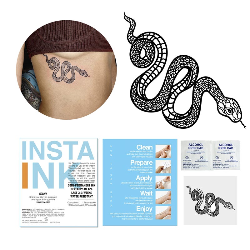 5X2Y 5X2Y Tattoo Tech, Long Lasting Temporary Tattoos, Last 1-2 Weeks, Waterproof, Semi Permanent Tattoo, Realistic look, No Adhesive, No reflection (Snake)