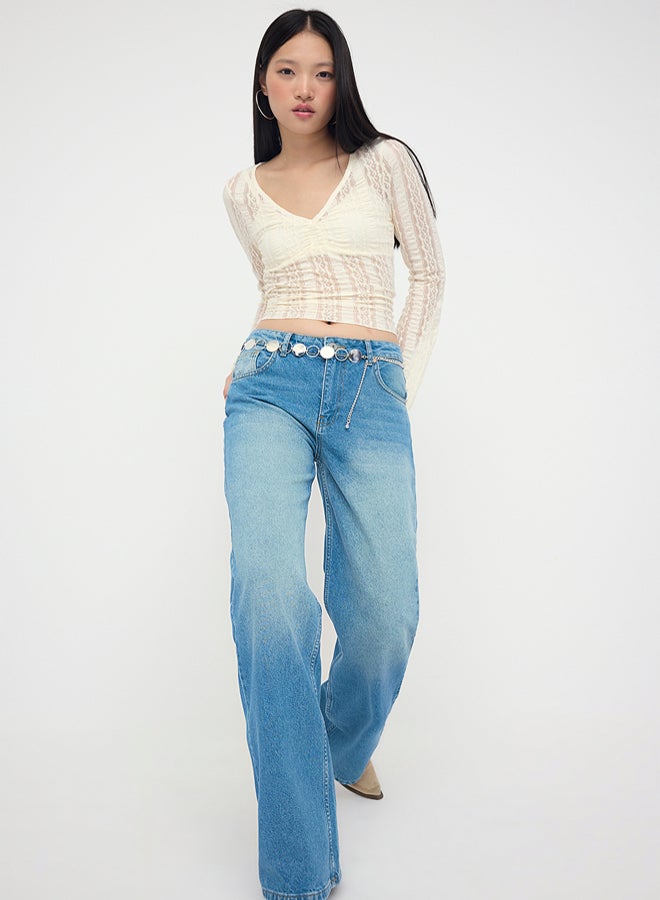 trendyol Blue Normal Waist Wide Leg Wide Leg Jeans - Image 4