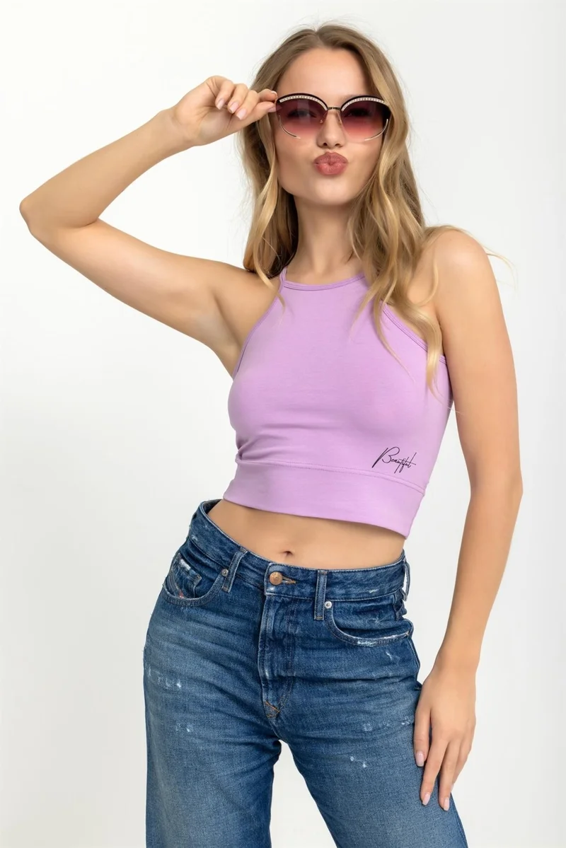 Baykar Women's Halter Neck Thin Strap Crop Blouse Lilac